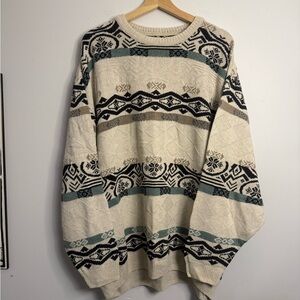 Vintage Cream Patterned Crewneck Sweater with Teal & Black Accents